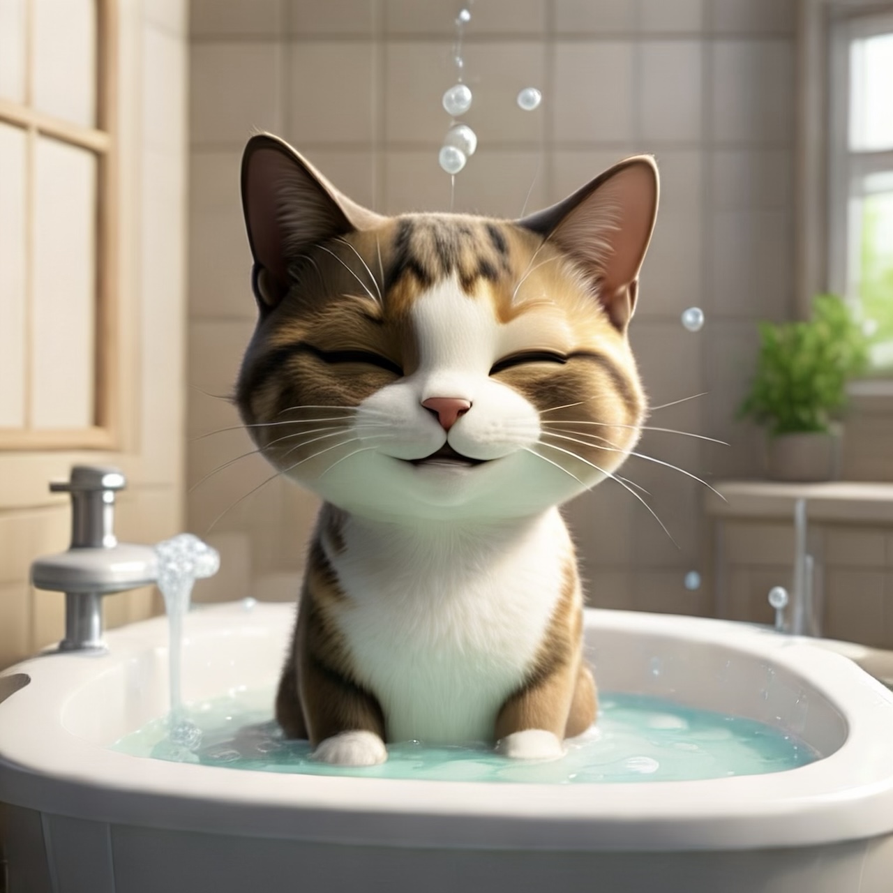 お風呂に入る猫